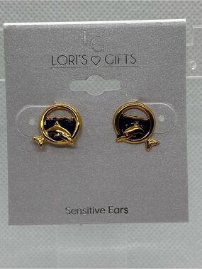 3For$20 Lori's Gifts Gold Dolphin Stud Earrings with Navy Enamel